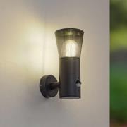 Lindby udendørs væglampe Heulo, Ø 10,5 cm, røggrå, sensor
