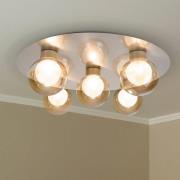 Loftslampe Donika, 5 lyskilder rund, glas, stål, ravfarvet, G9