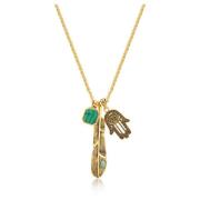 Men`s Golden Talisman Necklace with Large Feather, Malachite Square an...