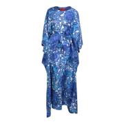 Blå Silkekjole med Firkantet Kaftan Design