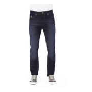 Jeans med logo knap og kontrast syning