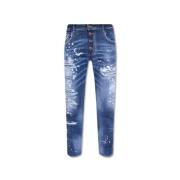 Skater Blå Jeans med Slidte Detaljer og Malingssprøjt