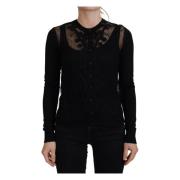 Sort blomstret blondeknap cardigan sweater