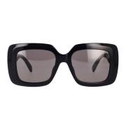 Rektangulære solbriller i blank sort med mørkegrå linser