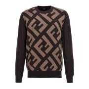 Brun Ribstrikket Sweater med FF Motiv