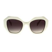 Solbriller med uregelmæssig form, hvid ramme og grå linser