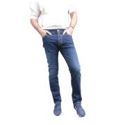 Slim Fit Blå Denim Jeans med Guld Knaplukning