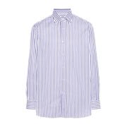 Marineblå og hvid stribet skjorte