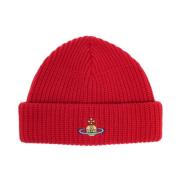 Rød Chunky Ribbet Strikket Hat med Signatur Orb Logo