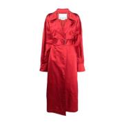 Rød Silke Duchess Trench Coat med Aftageligt Bælte