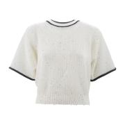Hvid Linen Blend Sweater med Kontrastkant