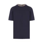 Blå Bomuld T-shirt med Beige Dobbeltlagskanter