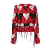 Rød Oversize Sweater med Frynset Diamantmønster