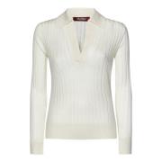 Hvid Silke Uld Sweater med Knappeløs Polo Krave