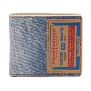 Læder bi-fold tegnebog med denim print