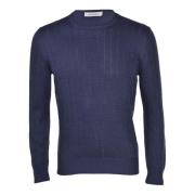 Blå Linned Bomuld Crew-Neck Sweater