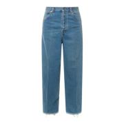 Blå Wide Leg Jeans Med Frynset Bund