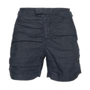 Blå Linned Poplin Draperede Shorts