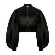 Sort Satin Cropped Bomberjakke