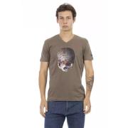 Brun V-Neck Tee med Front Print