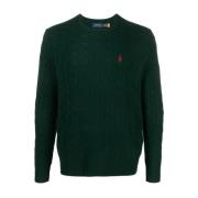 Grøn kabelstrikket sweater med Polo Pony-motiv