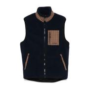 Blå Shearling Vest med Plaid Trim