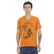 Orange V-hals T-shirt med Elegant Print