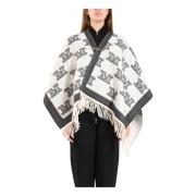 Monogram Jacquard Uld Poncho med Frynser