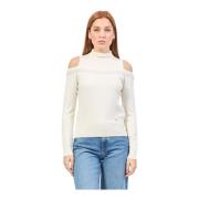 Hvid Sweater med Rhinsten og Cut Out Skuldre