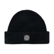 Blå Ribstrikket Beanie med Logopatch