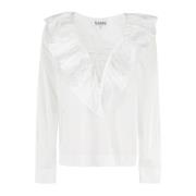 Ruffle V-neck Bluse i bomuldspoplin