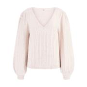 Rosa V-hals Sweater med Puff Ærmer