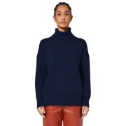 Blå Cashmere Rollneck Sweater med Ribbet Broderi