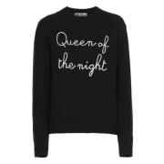 Sort Crew Neck Sweater med Queen Night Broderi