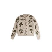 Håndlavet SHROOM Beige Cardigan med Naturmotiv