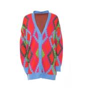 Multifarvet knap-op cardigan - Fuchsia