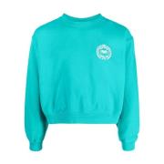 Teal Blå og Hvid Motiv Print Sweatshirt