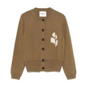 Khaki Intarsia-Strik Sweater med Knappelukning