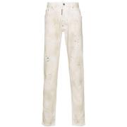 Beige Slidt Denim Maling Splatter Jeans