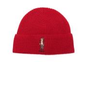 Rød Ribbet Uld Bjørn Broderet Beanie