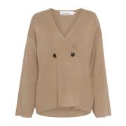 Taupe Cardigan med V-Hals og Knapper