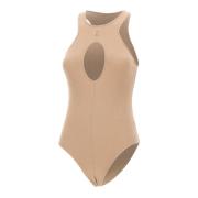 Beige Ribbet Bomuld Bodysuit