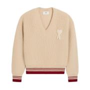 Creme Hvid V-Hals Striktrøje Sweater