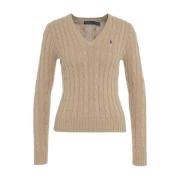 Beige Cable Strik V-Hals Sweater