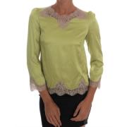 Grøn Silke Stretch Bluse med Beige Blomster Blonde