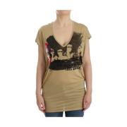 Beige Motiv Print V-Hals T-Shirt