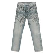 Blå All-Over Print Jeans Med Slidte Effekt