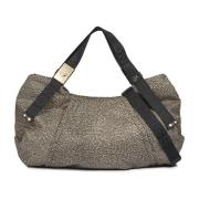 Beige Jacquard Tote Taske med Læderdetaljer