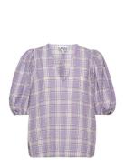 Seersucker Check V-Neck Blouse Ganni Purple