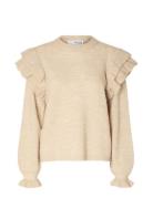 Slflulu Ls Knit Shoulder Frills O-Neck Selected Femme Beige